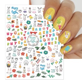 IDDFEVE Easter Nail Art Stickers - Bunny Eggs Flowers Self-Adhesive 3D Nail Decals for DIY Spring Holiday Floral Rabbits Carrot Manicure (6 Sheets)