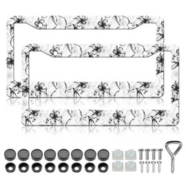 HCSS 2PCS Black White Lily License Plate Frames,Beautiful Floral Flower Aluminum Metal License Plate Holder Cover,Rust-Proof Waterproof Car Decorative Tag Frames for Standard US 12x6 Inch