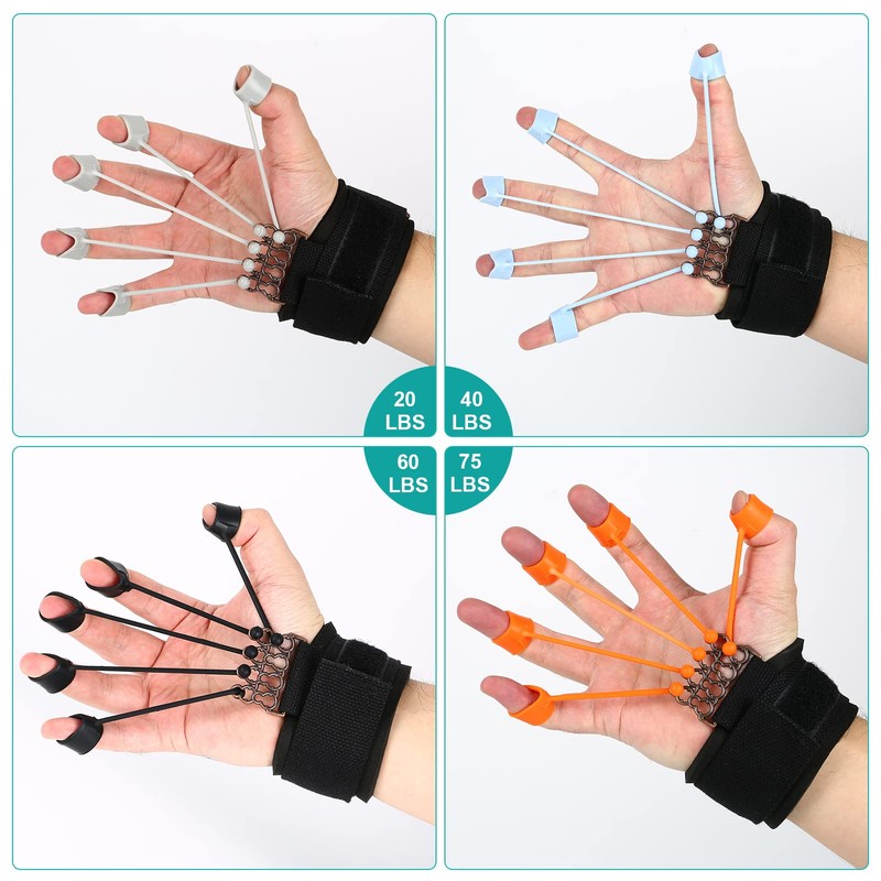 4 Pack Finger Exerciser with Bracelet, (20lb, 40lb, 60lb, 75lb)