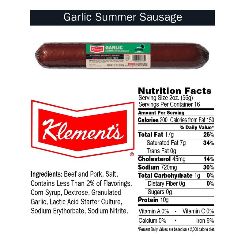 Klement's Garlic Summer Sausage, Hardwood Smoked 32 Oz (2 Pounds)