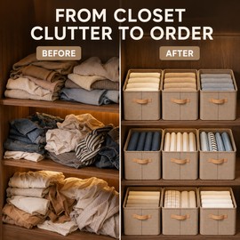Foldable Fabric Clothes Storage Box with Handle, Gray Wardrobe Organizer Bin for Closet Shelves, Medium
