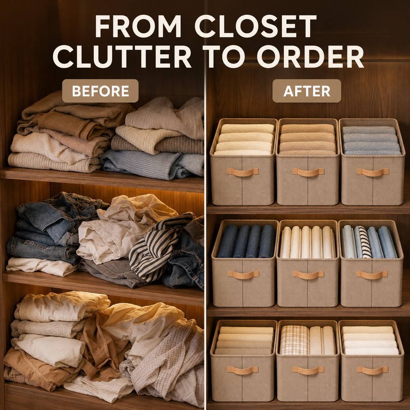 Foldable Fabric Clothes Storage Box with Handle, Gray Wardrobe Organizer