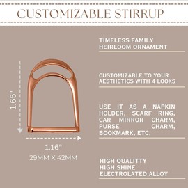Customizable Rose Gold Horse Stirrup Keychain – Equestrian Stirrup Ornament with 4 Ribbons. Use as a Keyring, Rear-View Mirror Charm, Napkin Ring, Scarf Ring, Bookmark or Purse Charm. Western Decor