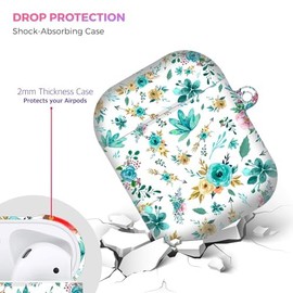 GlamCase for AirPods 2nd & 1st Generation Case, AirPods 1/2 Case - Teal Floral Pattern Design Printed Cute Plastic Hard Protective Designer AirPod Case/Cover for AirPods 1st / 2nd Generation