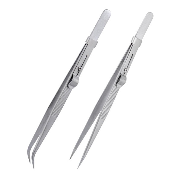 Treki 2 x 16 cm lockable tweezers with serrated tip,