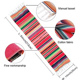 Fowecelt Camino de mesa mexicano Serape de 35.6 x 2.1 m para fiestas mexicanas, decoraciones de boda, pícnics al aire última intervensión, mesa de comedor, caminos de mesa tejidos a mano de algodón