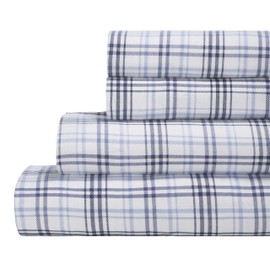 Superior Plaid Flannel Cotton Sheet Set, Fuzzy Warm Sheets, Rustic Farmhouse Bedding, Basics, Includes; 1 Flat Sheet, 1 Elastic Deep Pocket Fitted Sheet, 2 Pillowcases, King, Blue
