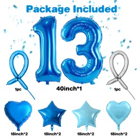 Blue Number 13 Balloons, Dark Blue Number 13 Balloons, 13 Number Balloons Set, Bule Foil Star Heart Balloons With Long Balloons For Boys man 13th 31th Birthday Party 1st 3rd Kid Baby Shower Decor