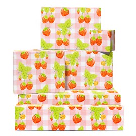 Strawberry Wrapping Paper - 6 Sheets Of Gift Wrap - Strawberries - Pink And White Tartan Wrapping Paper For Birthday Anniversary Hen Do - Recyclable - By Central 23