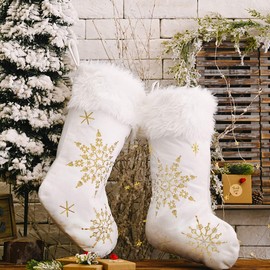 Mauts 20” White Christmas decorations Stockings, With Gold Pearl Snowflakes, Used For Gift Box Mantel Decoration Party Christmas