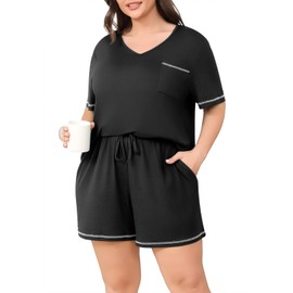 POSESHE Womens Plus Size Black Pajama Sets Plus Size Loungewear for Women V Neck Summer Pajamas with Pockets,2XL