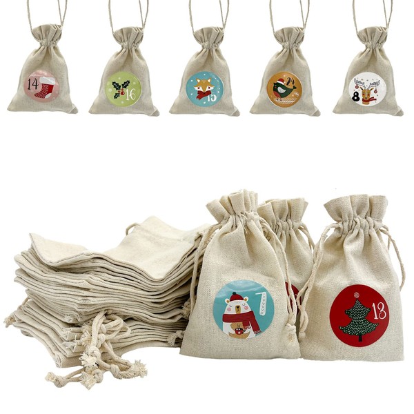 Christmas drawstring gift bag with Stickers,24PCS Christmas Drawstring Gift Bags, 24Pcs Gift sticker+Clips+ String, Christmas Candy Bags, Burlap Bags, for Birthday Xmas Party and Holiday Decorations