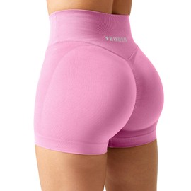 YEOREO - Pantalones cortos de entrenamiento para mujer, 3.5 pulgadas, sin costuras, cintura cruzada en V, pantalones cortos deportivos para gimnasio, amplificados, Rosado, X-Large