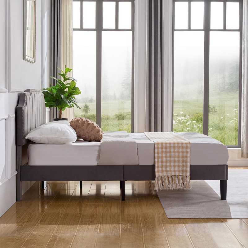 VECELO Queen Bed Frame Upholstered Platform with Tufted Adjustable Headboard/Mattress