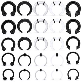 Dyknasz Septum Pincher Tapers 14G 12G 8G 6G 4G Large Septum Rings Internally Threaded Spike Horseshoe Barbell Stainless Steel & Acrylic C Shape Buffalo Stretcher Expander Septum Stretching Kit Black