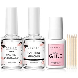 Makartt Nail Dehydrator 10ML Nail Glue 7ML and Nail Glue Remover 10ML Set, Acid Free Primer Glue and Debonder All in One Supplies Kit for Press on Nails Fake Nails Application, Easy Manicure at Home - Pattern Name:: Nail Tips Glue Remover