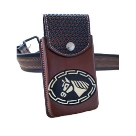 Marquez Western autentic Leather Mexican Cell Phone Holster for Belt with Secure Closure. Hand Painted Horse Design. Universal Size (Brown)