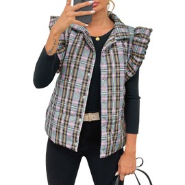 Tankaneo Womens Plaid Puffer Vests Ruffle Sleeveless Lightweight Quilted Vest Fall Winter Padded Gilets Coats Grey