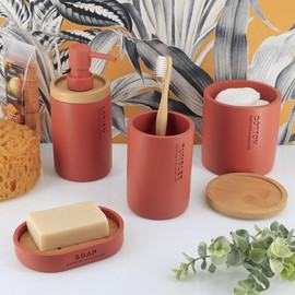Sleek Bathroom Accessory Set with Bamboo Accents - 5 Pieces - Toothbrush Cup, Soap Dispenser, Toilet Brush, Cotton Jar and Soap Dish (Terracotta)