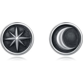 arete de tuerca de plata de ley 925 con diseño de luna y estrella, hipoalergénicos para mujeres y hombres