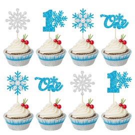 24 piezas de decoración de copo de nieve para cupcake con purpurina azul para baby shower, copo de nieve para primer cumpleaños, cupcakes, palillos de comida para invierno con temática congelada, baby shower, primer cumpleaños, decoración de pasteles