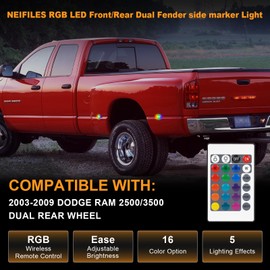 NEIFILES 4PCS RGB LED Side Marker Lights Compatible with 2003-2009 Dodge Ram 2500/3500 Dual Rear Wheel, 10X Brightness 16-color Light, Plug & Play