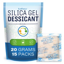 LotFancy 15 Packs 20Gram Silica Gel Desiccant Packets, Non-Toxic Food Safe Moisture Absorber Bag for Gun Camera Cabinet Closet Storage, Pet Food Desiccant, Odorless