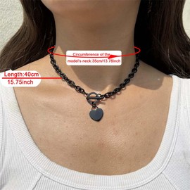 WangGao Elegent Love Stainless Steel Link Chain Blank Heart Charms Choker for Women Toggle Clasp Closure Short Necklace,Black Color