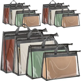 Bgtecho 12 Pack Handbag Storage,Storage Organizer with Zipper & Handle,Dust Bags for Handbag,Clear Dust Cover Bag,Purse Storage Organizer for Closet(Dark Gray)