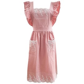 aromm Cute Cotton Apron Frilly Lace Ruffle Adjustable Pinafore Apron Dress with Pockets for Cooking Baking Cleaning Gardening, Pink, One Size