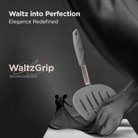 Kitchen Mama WALTZGRIP Platinum Silicone Pancake Spatula Turner: Heat-Resistant, Wide Slotted Tapered Head Stainless Steel Core. Durable, Dishwasher-Safe, Flipping Cooking Needs, Wok Use (Metal Gray)