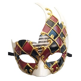 Coolwife Men's Masquerade Mask Vintage Venetian Checkered Musical Party Mardi Gras Mask (Burgundy/Black)