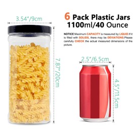 YBCPACK 6 Pack 40oz (1100ml) Large Clear Plastic Storage Jars with Lids & Labels, A Pen - Wide Opening, BPA Free PET Container-Pantry, Home/Kitchen Storage For Dry Goods, Spice
