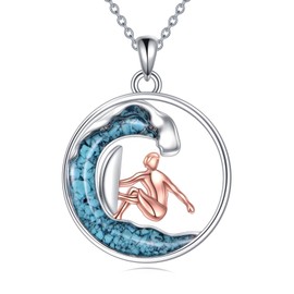 VONALA Wave 925 Sterling Silver Necklace with Turquoise Surfing Sports Theme Pendant Jewellery Gift for Women Men, Sterling Silver, No Gemstone