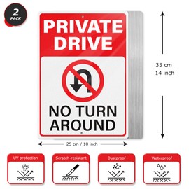 YIKIADA 2 PCS Private Drive Signs 10 × 14 Inch Aluminum Reflective No Turn Around Driveway Sign Waterproof No U-Turn Warning Signals for Indoor Outdoor Use