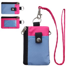 CHENSPRX Minimalist RFID Blocking Small Wallet with ID Window,WaterResistant Zip Id Case Wallet with Lanyard Keychain for Cards,Cash,Travel,Women,Men (LightSkyBlue+DeepPink)