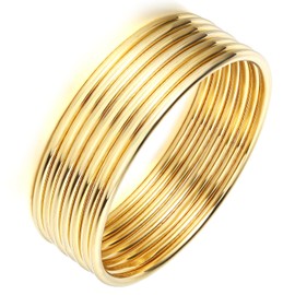 MVCOLEDY 18K Gold Plated Bangle Bracelet Stackable Thin Round Stainless Steel Glossy Bangle Bracelet for Women,Set Of 7 Pieces., 8.4 Inches, 不锈钢, no gemstone