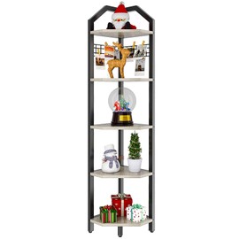 YMYNY 5-Tier Corner Shelf, Freestanding Corner Bookcase with 6 Wooden Clips and 6 S-Hooks, Multi Display Shelf Rack for Living Room, Bathroom, Bedroom, Small Space, Silver Gray, 69" H, UHBR006Y