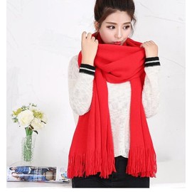 Wander Agio Women's Warm Long Scarves Winter Scarfs Pure Color Scarf Tassel Big Red