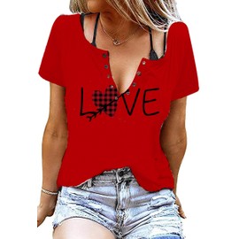 Women's Valentines Shirt Valentines Outfit Cute Love Heart Graphic Tee Casual V Neck Top(Red 2,L)