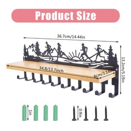 SUPERDANT Forest Running Trophies and Medals Display Shelf Medal Hanger Holder with 10 Hooks Racing Medals Display and Medals Hanger with Wooden Shelf for Storage of Running Prizes