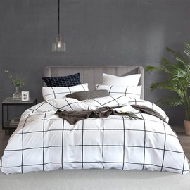 KAREVER White Grid Duvet Cover Set Twin Kids Cotton White Checkered Bedding Large Black Grid Geometric Pattern Printed on White Twin Duvet Covers for Children Teens White Plaid Twin Duvet Cover Sets