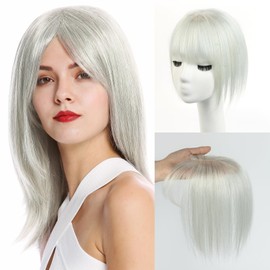 TANJET Hair Toppers for Women Real Human Hair 12Inch Clip in Bangs Black Mixed with White Human Hair Toppers for Women(A02# 12Inch)