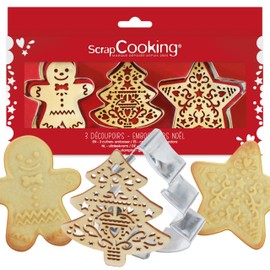 ScrapCooking - Set of 3 Cookie Cutters + Christmas Wooden Embosser - Stainless Steel Cookie Cutters for Relief Pastries - Baking Accessories Sandblasted - 2110