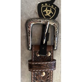 Ariat Mens Leather Belt Flowers Inlay Silver A104144 Brown Western Cowboy Rodeo