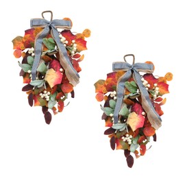 egolot Set of 2pcs Fall Yellow Orange Eucalyptus Leaves Swag for Front Door, Autumn Leaves Teardrop with Berries and Bow for Indoor Outdoor, Fall Teardrop with Lamb Ear Leaves for Mailbox Decor