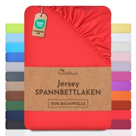 NatureMark Jersey Fitted Sheet, 100% Cotton in Many Sizes and Colours, Brand Quality, Oeko-Tex Standard 100, 180 x 200 cm / 200 x 200 cm, Red