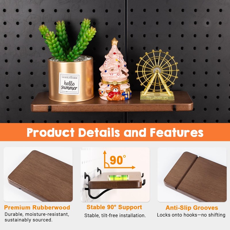 SEMPOMA 2 Pcs Walnut Finish Wooden Pegboard Shelf for 1/4"