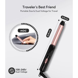 FARERY Ceramic Mini Hair Curler for Short Hair, 3/4 Inch, 100-240V Dual Voltage, Travel Size Curling Iron with Keratin & Argan Oil Infused, Mini Curling Wand with Storage Bag, Rose Gold