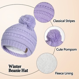 Kids Winter Beanie Hat Toddler Gloves Girls Infinity Scarf Youth Neck Warmer Warm Fleece Pom Cap Purple Thermal Knit Set 6-10 Years Old, Gorros Gorras Bufandas Para Niñas Niños, Gifts for Childrens